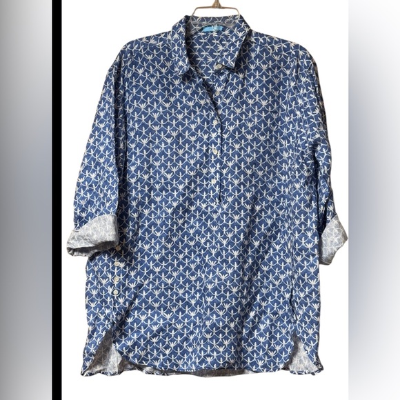 EUC J.Mclaughlin Fallon Long Sleeve Linen SZ L Blue & White - Picture 2 of 10